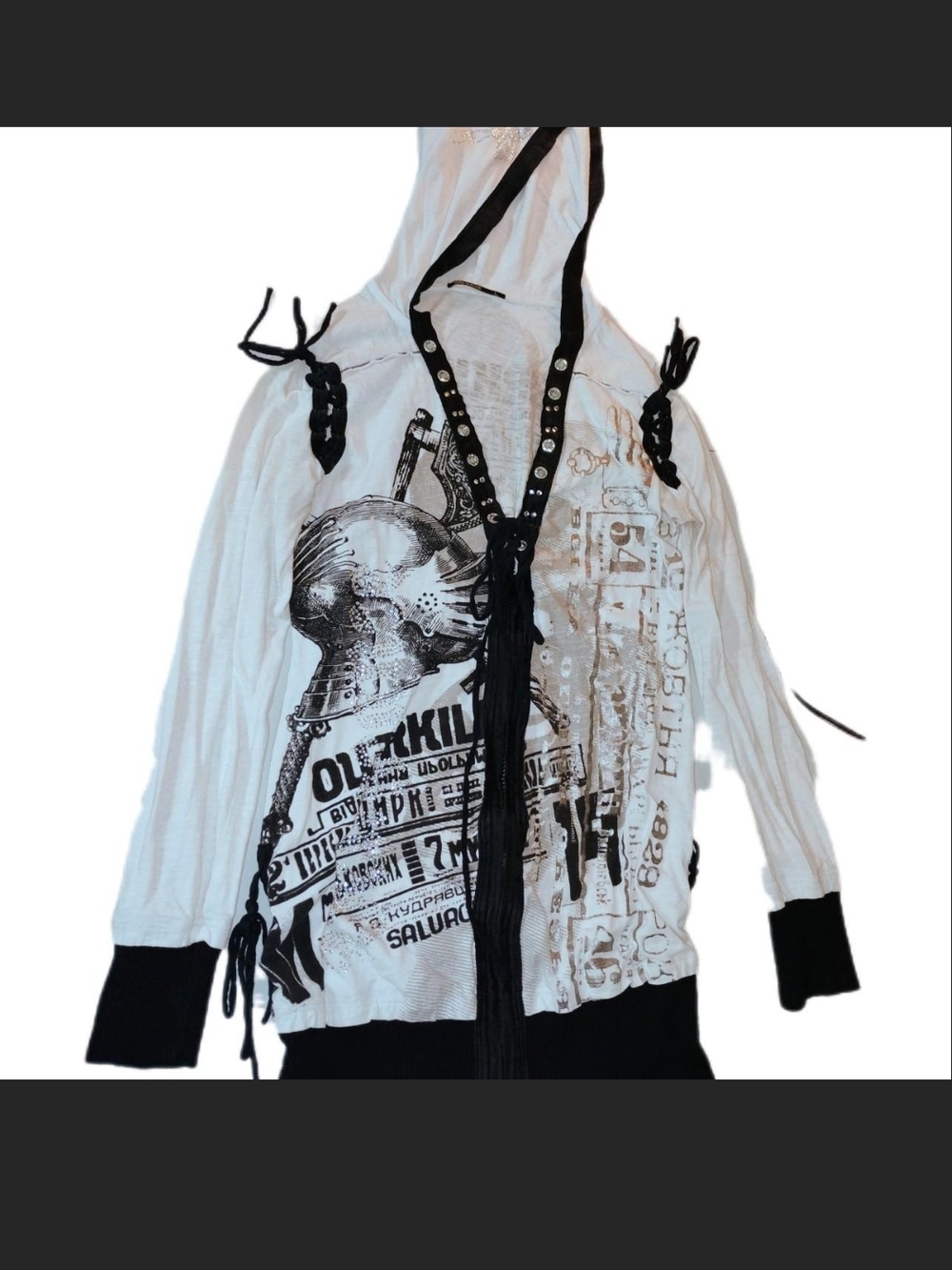 NWOT SALVAGE Rhinestone INSANE GRAPHIC Lace-Up Hoodie/Jacket. L